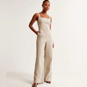 Abercrombie & Fitch square neck linen blend jumpsuit / size XS Tall/ tan beige